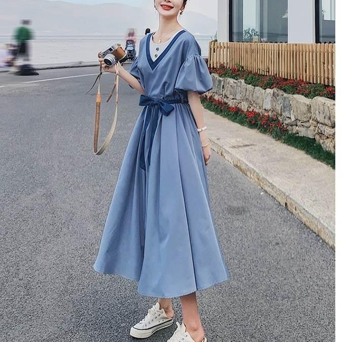 レディース パフスリーブ 半袖 ドレス ワンピースドレス 夏 新しい 韓国バージョン ルーズ ウエスリボン ロングスカート ブルー グリーン 新作 |  | 04