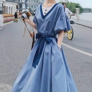 レディース パフスリーブ 半袖 ドレス ワンピースドレス 夏 新しい 韓国バージョン ルーズ ウエスリボン ロングスカート ブルー グリーン 新作 |  | 05