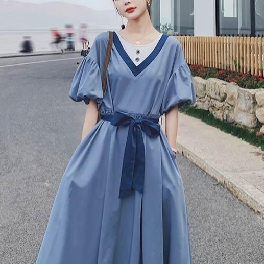 レディース パフスリーブ 半袖 ドレス ワンピースドレス 夏 新しい 韓国バージョン ルーズ ウエスリボン ロングスカート ブルー グリーン 新作 |  | 06
