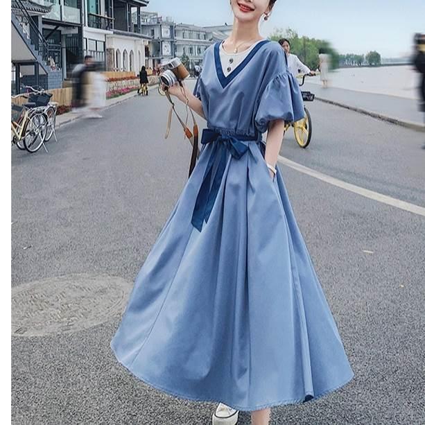 レディース パフスリーブ 半袖 ドレス ワンピースドレス 夏 新しい 韓国バージョン ルーズ ウエスリボン ロングスカート ブルー グリーン 新作 |  | 08
