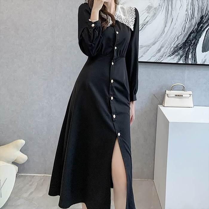 レディース ワンピース 冠婚葬祭 マキシ ロング ワンピ 長袖ワンピース レース ウエストマーク 切り替え ハイウエスト ボタン ウエスト切り替え |  | 09