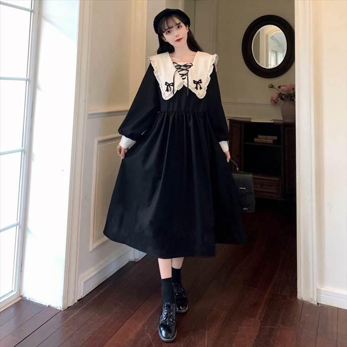 レディース ブラックワンピース ワンピドレス パフスリーブ お出かけファッション リボン あみあみ パフスリーブ長袖 新作 トレンディ 人気 ロングワンピ |  | 01