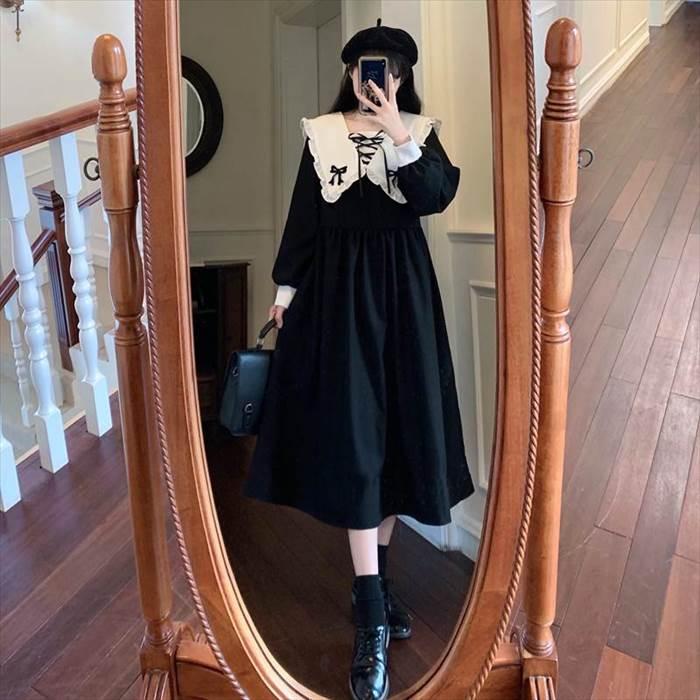 レディース ブラックワンピース ワンピドレス パフスリーブ お出かけファッション リボン あみあみ パフスリーブ長袖 新作 トレンディ 人気 ロングワンピ |  | 02