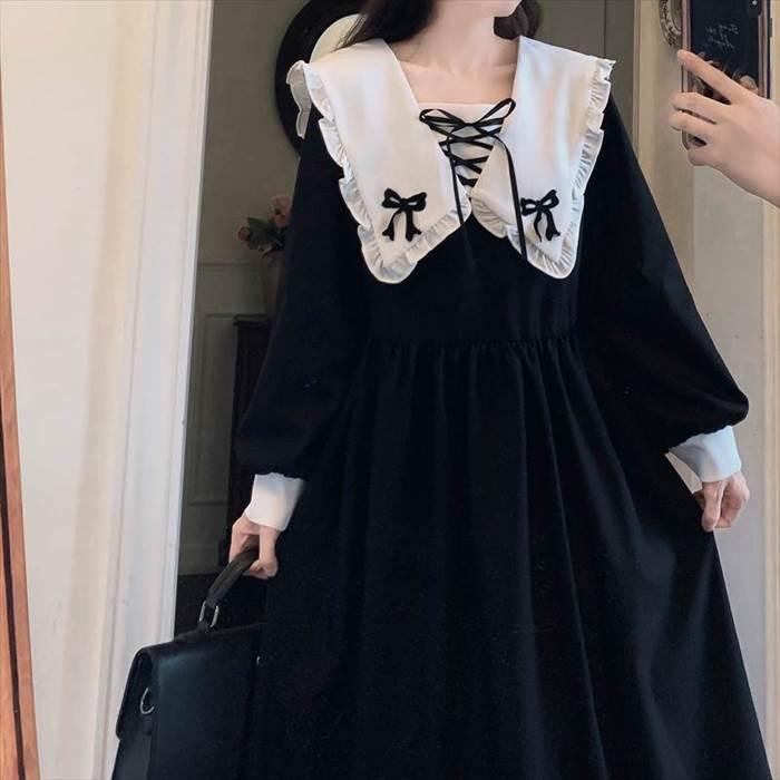 レディース ブラックワンピース ワンピドレス パフスリーブ お出かけファッション リボン あみあみ パフスリーブ長袖 新作 トレンディ 人気 ロングワンピ |  | 09