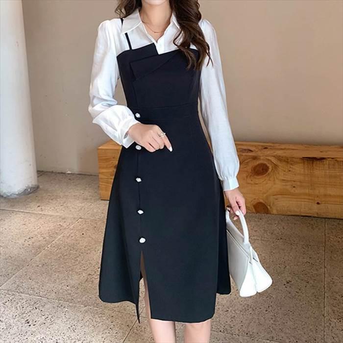 レディース フェイクツーピース ワンピース ブラック 黒 ジャンパースカート ミドル丈 ひざ丈 スリット フロントボタン オシャレワンピース | 