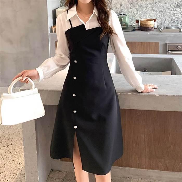 レディース フェイクツーピース ワンピース ブラック 黒 ジャンパースカート ミドル丈 ひざ丈 スリット フロントボタン オシャレワンピース |  | 02