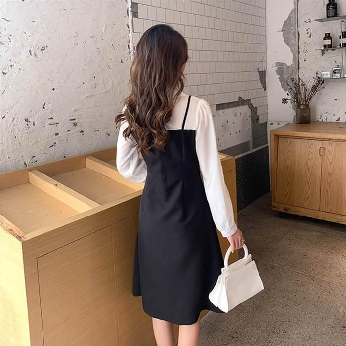 レディース フェイクツーピース ワンピース ブラック 黒 ジャンパースカート ミドル丈 ひざ丈 スリット フロントボタン オシャレワンピース |  | 03