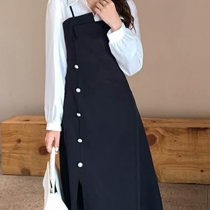 レディース フェイクツーピース ワンピース ブラック 黒 ジャンパースカート ミドル丈 ひざ丈 スリット フロントボタン オシャレワンピース |  | 05