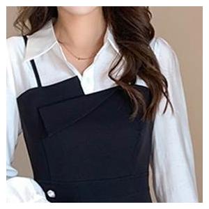 レディース フェイクツーピース ワンピース ブラック 黒 ジャンパースカート ミドル丈 ひざ丈 スリット フロントボタン オシャレワンピース |  | 06