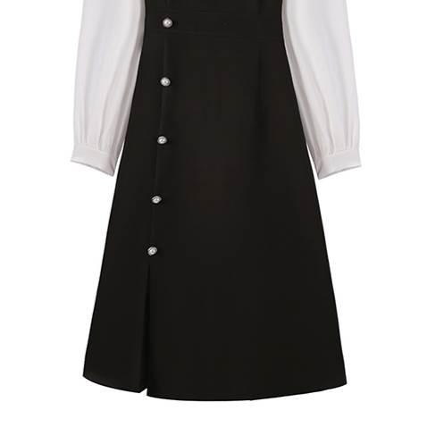 レディース フェイクツーピース ワンピース ブラック 黒 ジャンパースカート ミドル丈 ひざ丈 スリット フロントボタン オシャレワンピース |  | 07