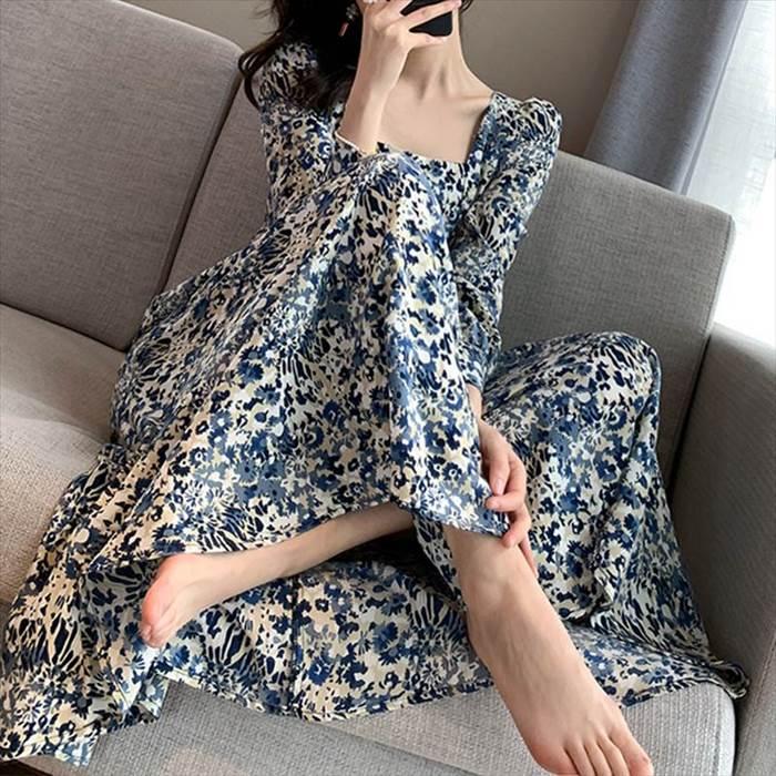 レディース 花柄ワンピース ワンピ パフスリーブ 長袖 ロングスリーブ スクエアネック トレンド トレンディ シンプル レトロ ビッグスイング ドレスパフ | 