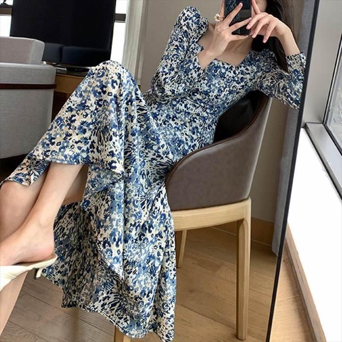 レディース 花柄ワンピース ワンピ パフスリーブ 長袖 ロングスリーブ スクエアネック トレンド トレンディ シンプル レトロ ビッグスイング ドレスパフ |  | 01