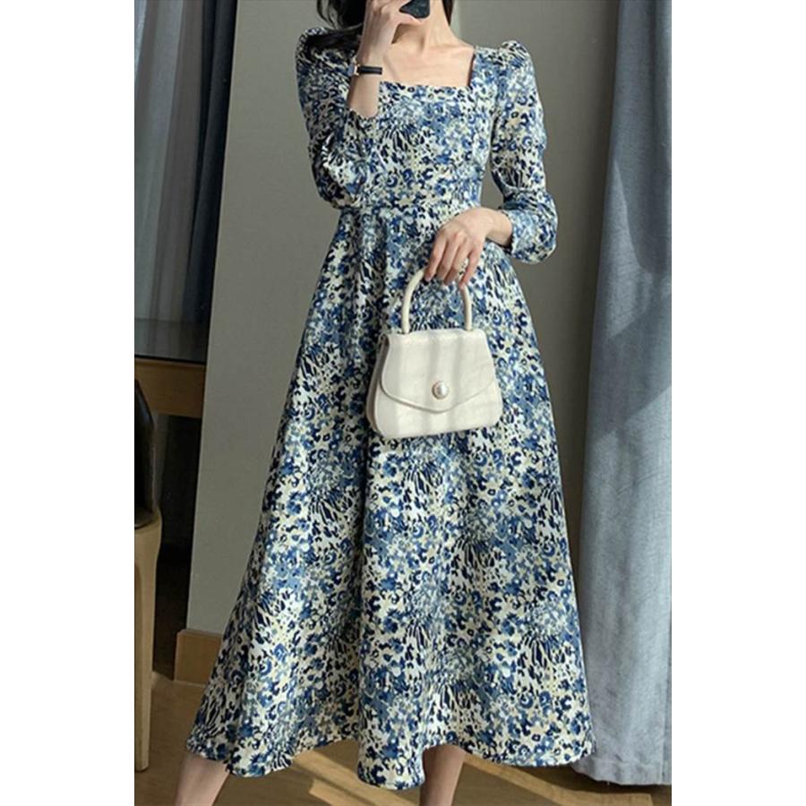 レディース 花柄ワンピース ワンピ パフスリーブ 長袖 ロングスリーブ スクエアネック トレンド トレンディ シンプル レトロ ビッグスイング ドレスパフ |  | 02