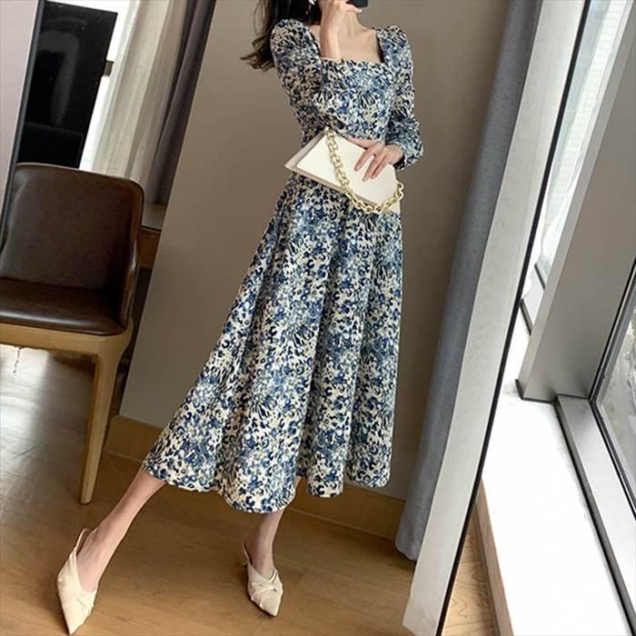 レディース 花柄ワンピース ワンピ パフスリーブ 長袖 ロングスリーブ スクエアネック トレンド トレンディ シンプル レトロ ビッグスイング ドレスパフ |  | 03