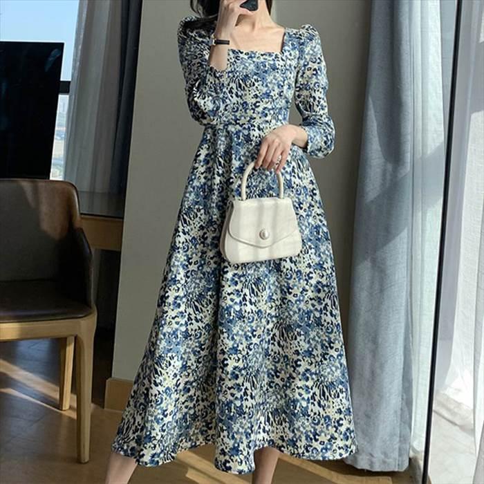 レディース 花柄ワンピース ワンピ パフスリーブ 長袖 ロングスリーブ スクエアネック トレンド トレンディ シンプル レトロ ビッグスイング ドレスパフ |  | 04