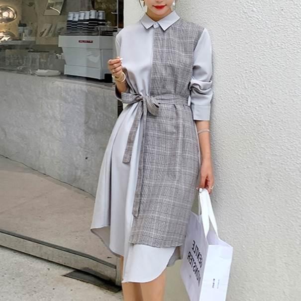 レディース シャツロングスカート 長袖ワンピース チェック柄 ワンピース ワンピドレス 新作 トレンディ ウエスト切り替えしデザイン 春 秋 新デザイン | 
