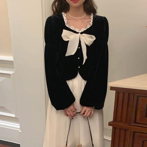 ワンピース レディース カラードレス シースルースカート 透け感 リボンタイ リボン ミドル丈 長袖 襟なし 袖あり 長袖 萌え袖 切り替えデザイン お洒落 | 