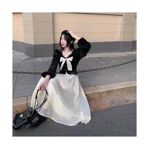 ワンピース レディース カラードレス シースルースカート 透け感 リボンタイ リボン ミドル丈 長袖 襟なし 袖あり 長袖 萌え袖 切り替えデザイン お洒落 |  | 02