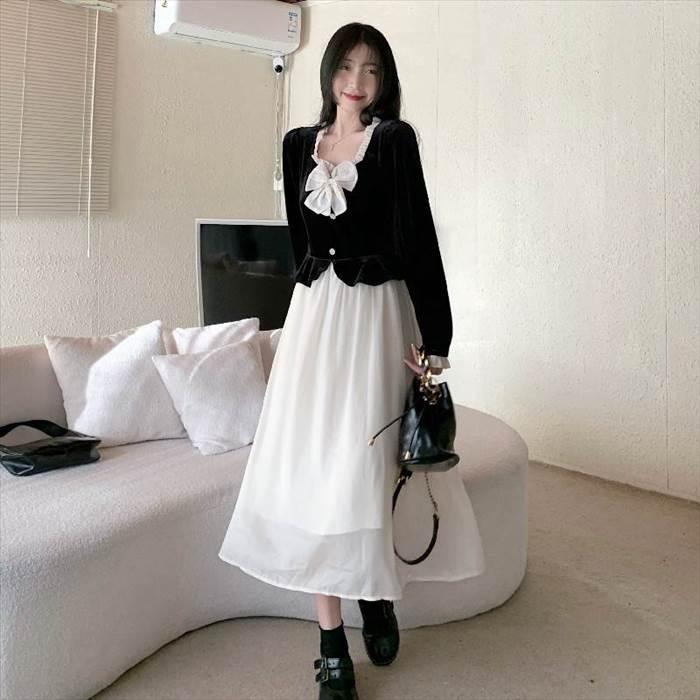 ワンピース レディース カラードレス シースルースカート 透け感 リボンタイ リボン ミドル丈 長袖 襟なし 袖あり 長袖 萌え袖 切り替えデザイン お洒落 |  | 03