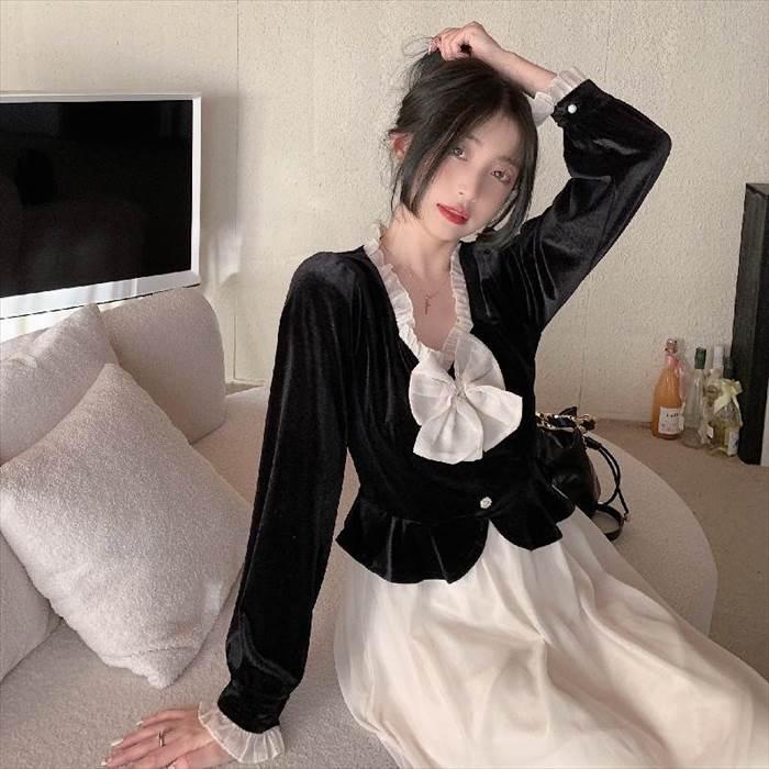 ワンピース レディース カラードレス シースルースカート 透け感 リボンタイ リボン ミドル丈 長袖 襟なし 袖あり 長袖 萌え袖 切り替えデザイン お洒落 |  | 06