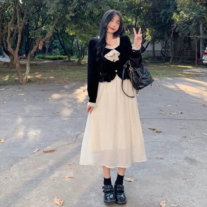 ワンピース レディース カラードレス シースルースカート 透け感 リボンタイ リボン ミドル丈 長袖 襟なし 袖あり 長袖 萌え袖 切り替えデザイン お洒落 |  | 07