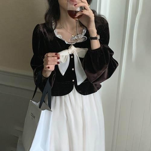 ワンピース レディース カラードレス シースルースカート 透け感 リボンタイ リボン ミドル丈 長袖 襟なし 袖あり 長袖 萌え袖 切り替えデザイン お洒落 |  | 09