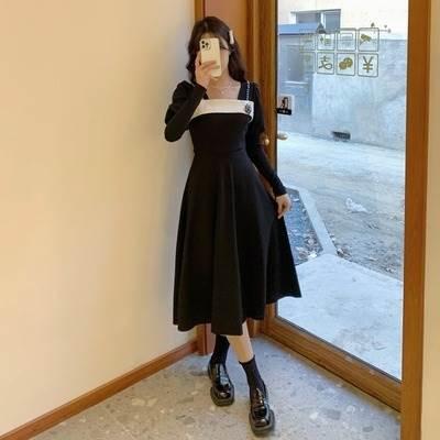 レディース ワンピース パフスリーブ 長袖ワンピース フロント切り替え 袖あり 長袖 黒 ブラック Aライン フレアスカート 無地 レース ボリューム袖 |  | 01