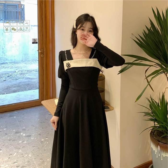 レディース ワンピース パフスリーブ 長袖ワンピース フロント切り替え 袖あり 長袖 黒 ブラック Aライン フレアスカート 無地 レース ボリューム袖 |  | 04