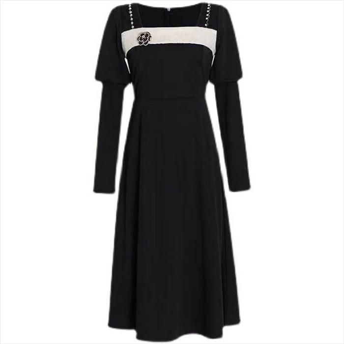 レディース ワンピース パフスリーブ 長袖ワンピース フロント切り替え 袖あり 長袖 黒 ブラック Aライン フレアスカート 無地 レース ボリューム袖 |  | 06