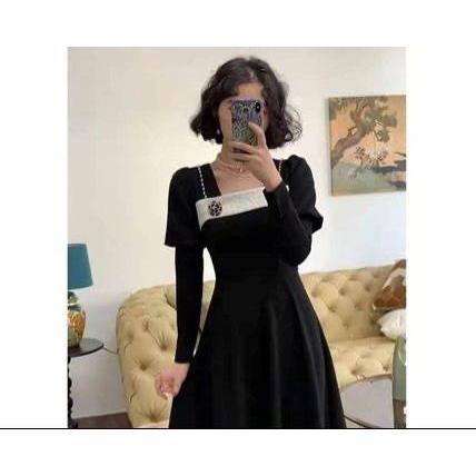 レディース ワンピース パフスリーブ 長袖ワンピース フロント切り替え 袖あり 長袖 黒 ブラック Aライン フレアスカート 無地 レース ボリューム袖 |  | 08