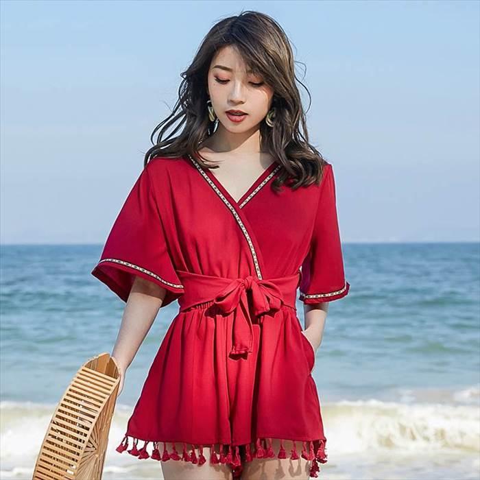 ワンピース レディース オールインワン ショートパンツ ショート ショート丈 新作 リゾート 半袖 五分袖 Vネック Aライン リボン ウエストマーク ウエスト | 