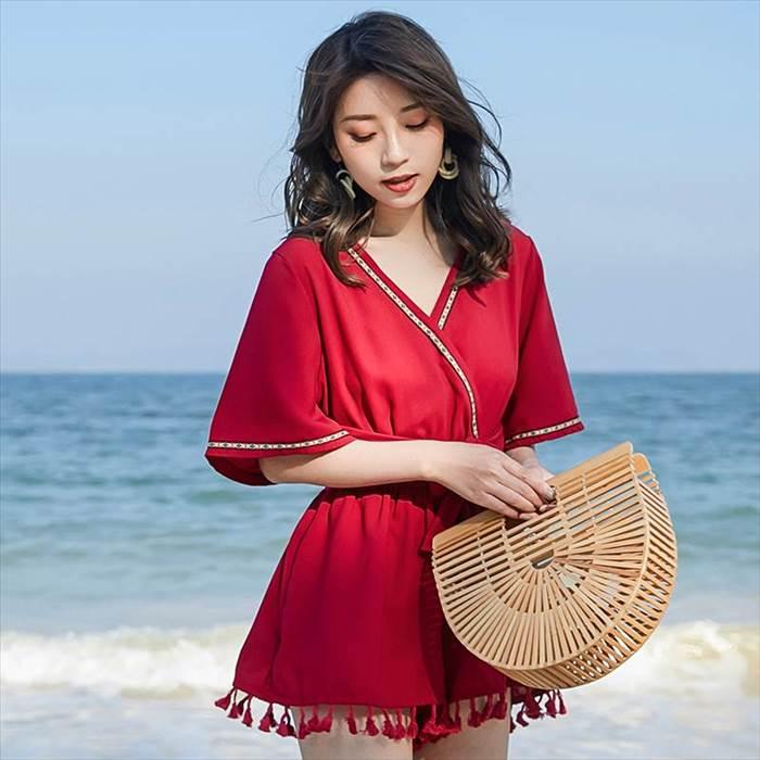 ワンピース レディース オールインワン ショートパンツ ショート ショート丈 新作 リゾート 半袖 五分袖 Vネック Aライン リボン ウエストマーク ウエスト |  | 03