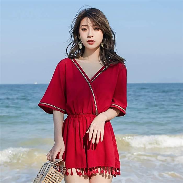 ワンピース レディース オールインワン ショートパンツ ショート ショート丈 新作 リゾート 半袖 五分袖 Vネック Aライン リボン ウエストマーク ウエスト |  | 04