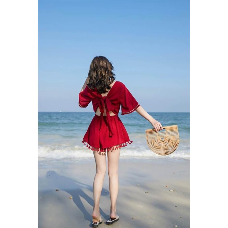 ワンピース レディース オールインワン ショートパンツ ショート ショート丈 新作 リゾート 半袖 五分袖 Vネック Aライン リボン ウエストマーク ウエスト |  | 05