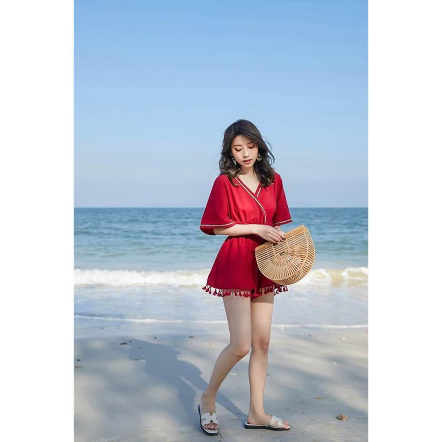 ワンピース レディース オールインワン ショートパンツ ショート ショート丈 新作 リゾート 半袖 五分袖 Vネック Aライン リボン ウエストマーク ウエスト |  | 07