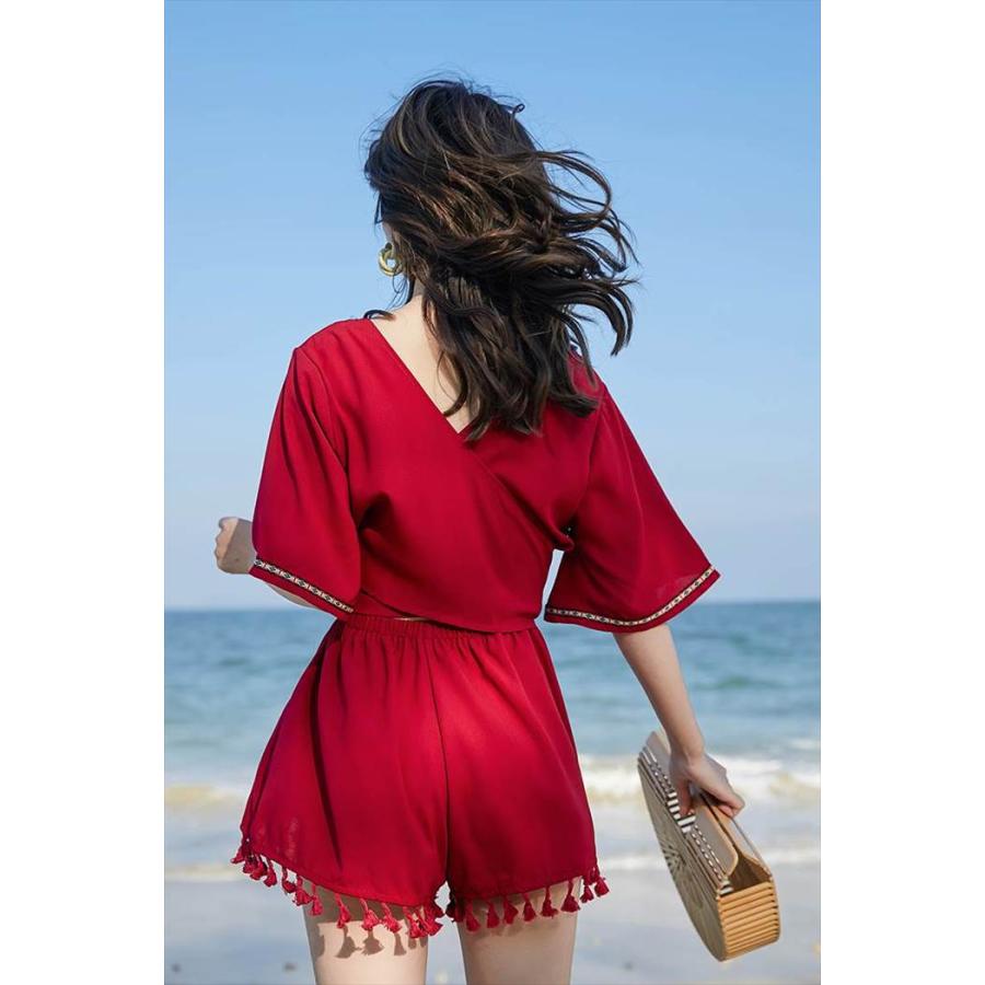 ワンピース レディース オールインワン ショートパンツ ショート ショート丈 新作 リゾート 半袖 五分袖 Vネック Aライン リボン ウエストマーク ウエスト |  | 08