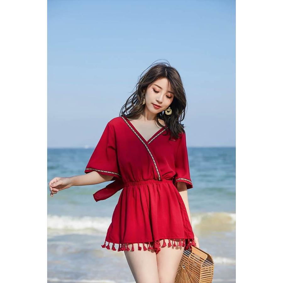 ワンピース レディース オールインワン ショートパンツ ショート ショート丈 新作 リゾート 半袖 五分袖 Vネック Aライン リボン ウエストマーク ウエスト |  | 09