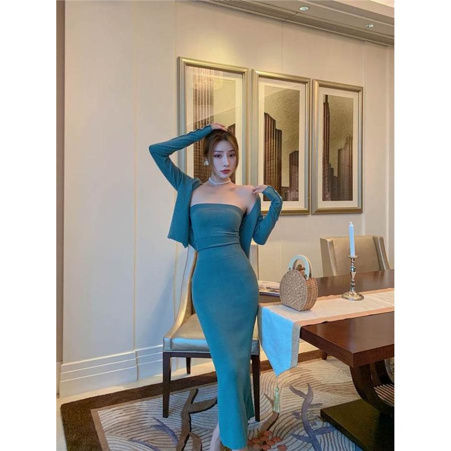 セットアップ レディース  青 ブルー ベージュ 新作 人気 海外ファッション 3点セット スリーピース チューブトップ カーディガン スカート ロング ロング丈 |  | 12