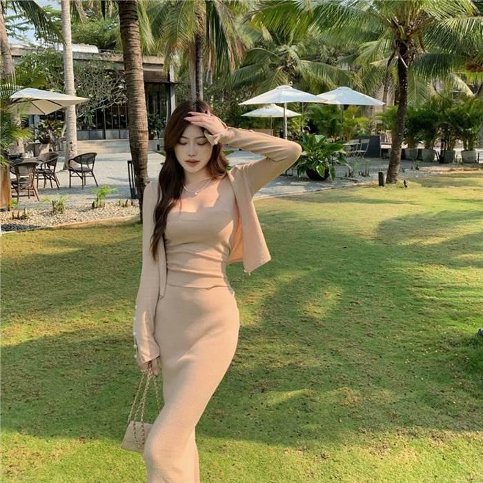 セットアップ レディース  青 ブルー ベージュ 新作 人気 海外ファッション 3点セット スリーピース チューブトップ カーディガン スカート ロング ロング丈 |  | 17