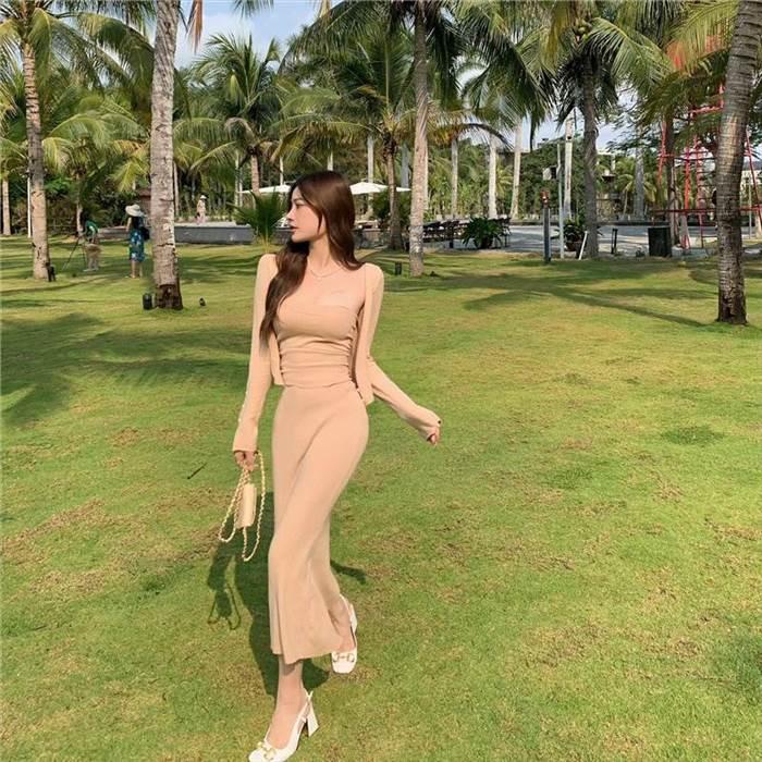 セットアップ レディース  青 ブルー ベージュ 新作 人気 海外ファッション 3点セット スリーピース チューブトップ カーディガン スカート ロング ロング丈 |  | 18