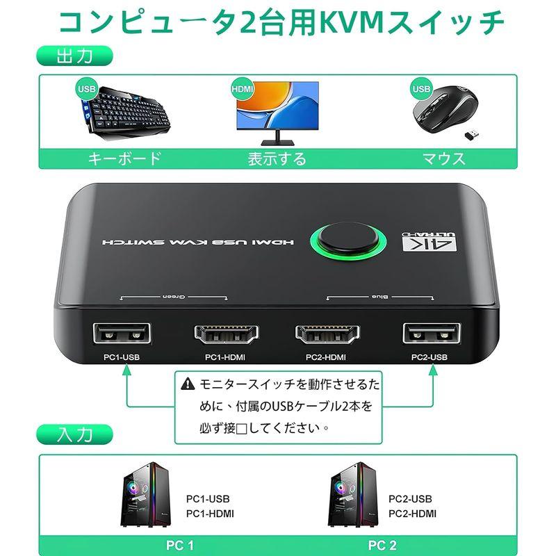 4K KVMスイッチ-HDMI KVM切替器 2入力1出力、2台のコンピューター用のUSB HDMIスイッチ、キーボードマウスプリンターと1｜violette-shop｜05