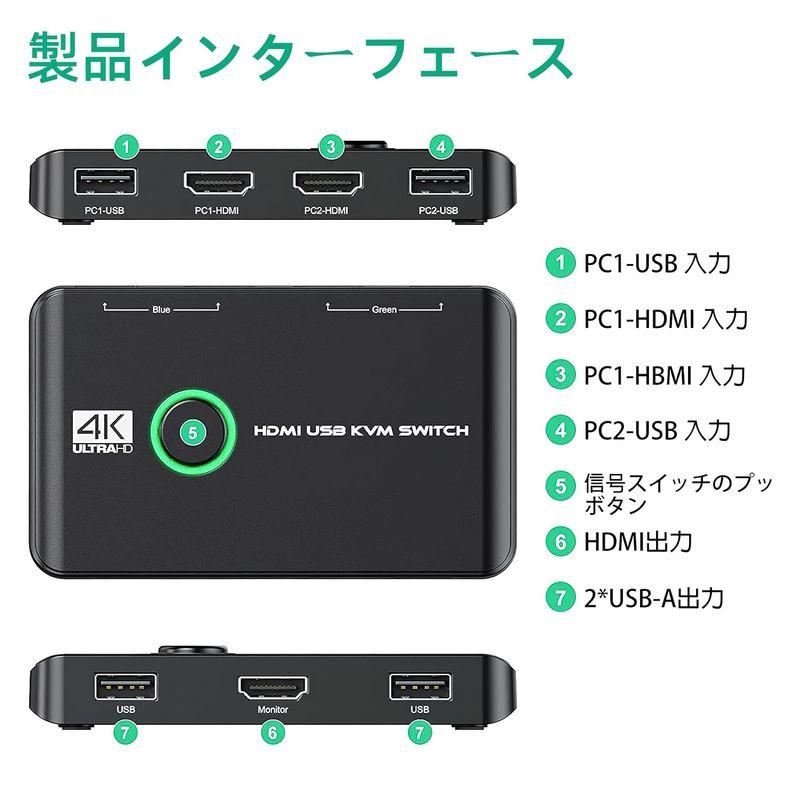 4K KVMスイッチ-HDMI KVM切替器 2入力1出力、2台のコンピューター用のUSB HDMIスイッチ、キーボードマウスプリンターと1｜violette-shop｜07