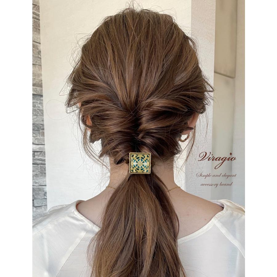 ヘアゴム スクエア ゴールドレース ヘアポニー ビジュー 大人っぽい