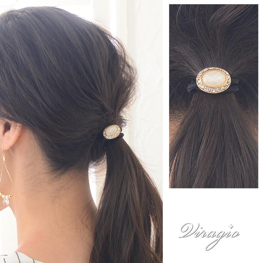 ヘアゴム ラメ粒子 クリアストーン オーバル ヘアポニー 大人っぽい