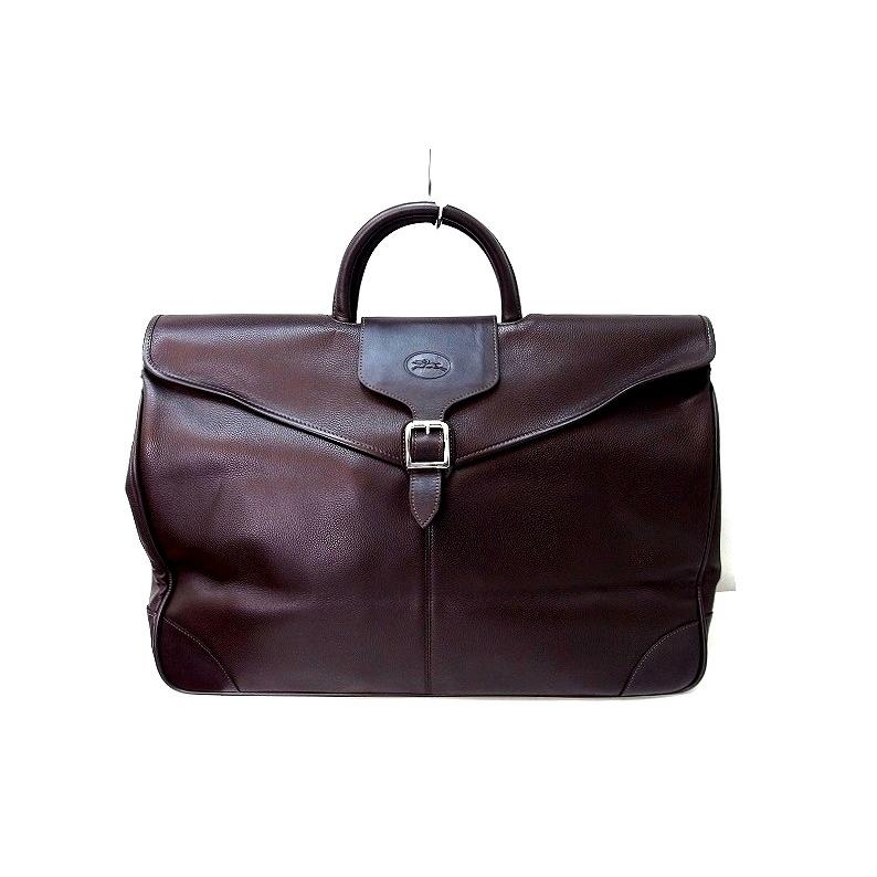 LONGCHAMP ロンシャン レザー ボストンバッグ ダークブラウン×シルバー 