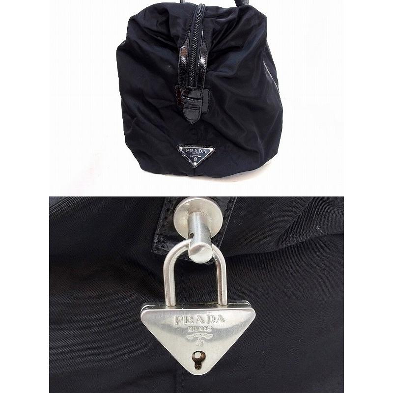 PRADA プラダ カデナ 鍵付き ナイロン×型押しレザー ボストンバッグ 黒  