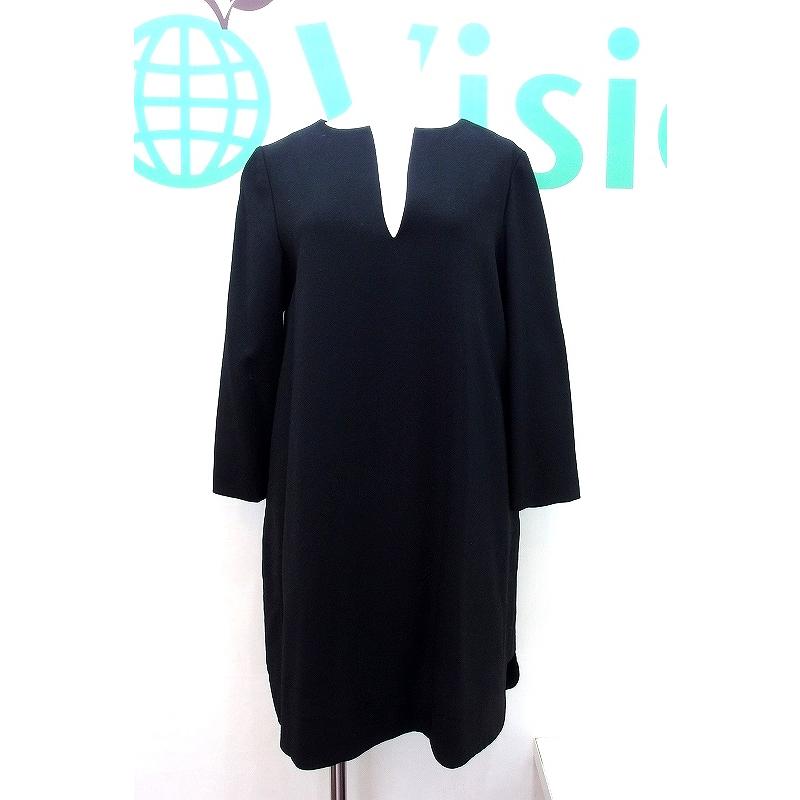 美品☆アドーア ウール ロングワンピース Vネック キーネック 黒 38 ADORE（アドーア） ウール キーネック ワンピース 8分袖 38 黒