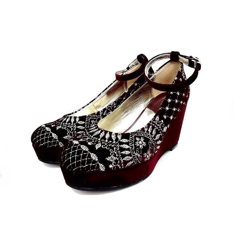 ANNA SUI アナスイ 刺繍 アンクルストラップ ウェッジソール ベロア 