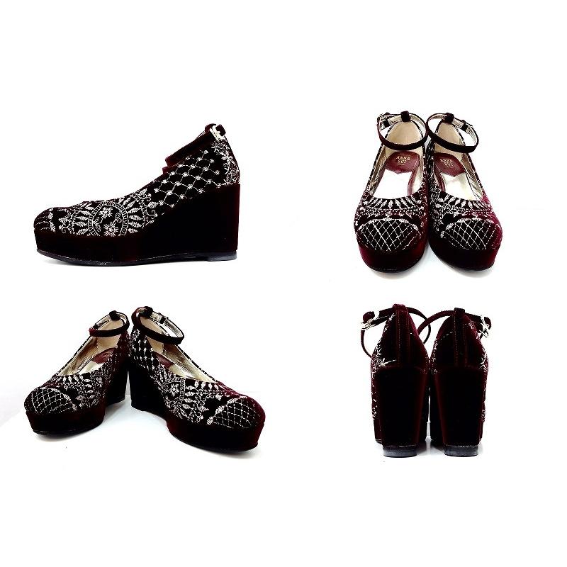 ANNA SUI アナスイ 刺繍 アンクルストラップ ウェッジソール ベロア 