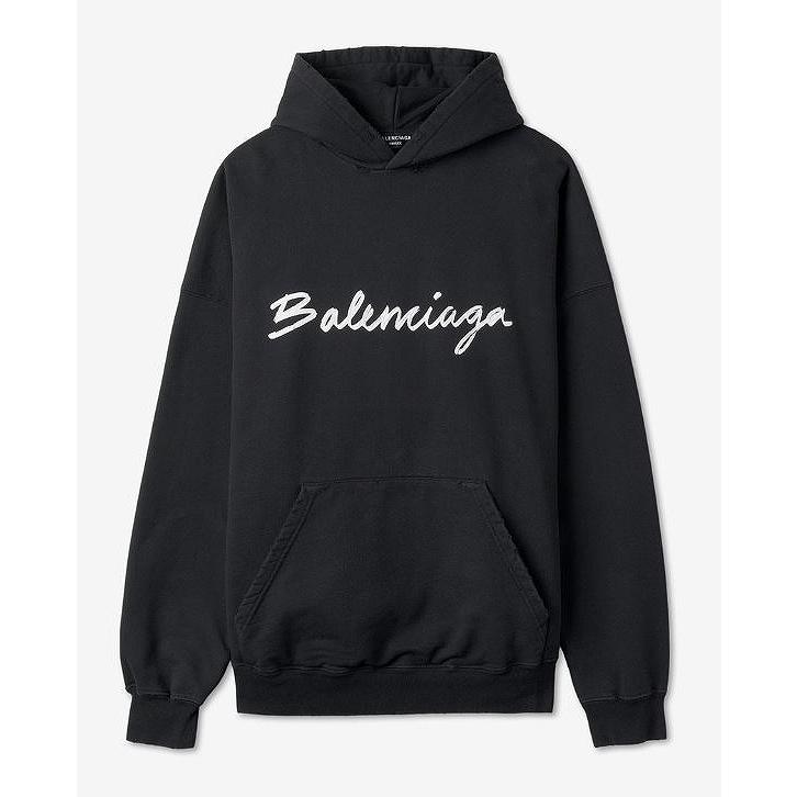 BALENCIAGA バレンシアガ 22AW 674986 TMVB5 WIDE FIT HOODIE ダメージ加工 ロゴ フーディー パーカー ブラック系 L【美品】【中古】 BALENCIAGA（バレンシアガ） 【22AW】 WIDE FIT HOODIE ダメージ加工